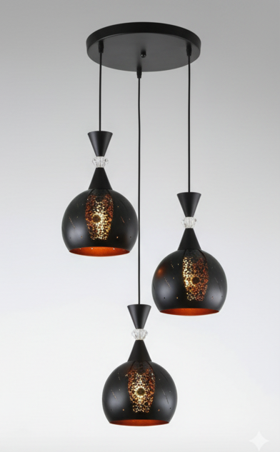 Modern 3-Light Black Pendant Chandelier with Crystal Accents & Golden Inner Glow