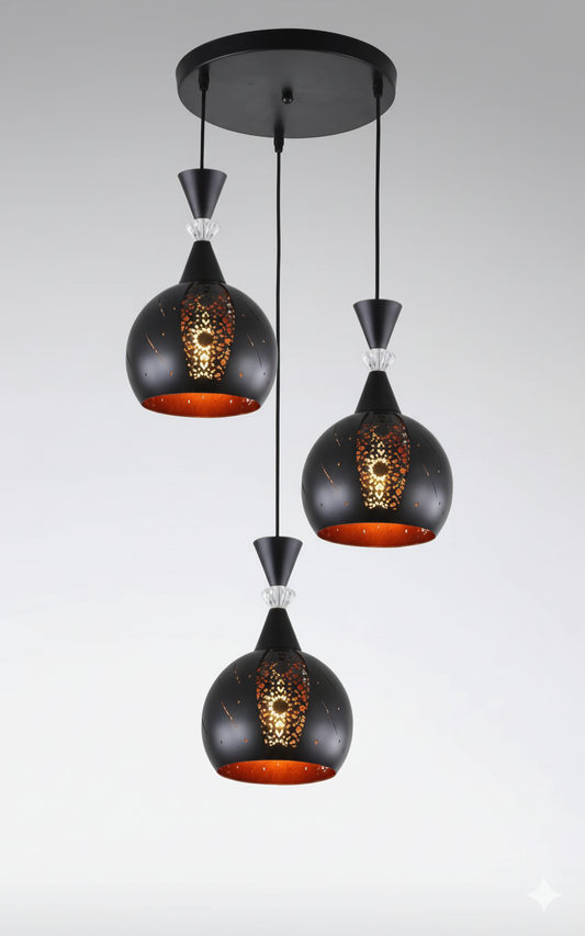 Modern 3-Light Black Pendant Chandelier with Crystal Accents & Golden Inner Glow